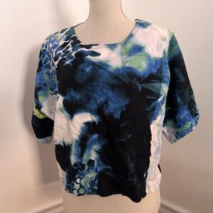 DKNY Linen Blend Abstract Blue and Black Women's Top Size M